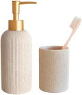 Boho Beige Bathroom Gold Bundle: Elegant 7oz Hand Soap Dispenser & Small Toothbrush Holder, Modern Farmhouse Style, Rust Proof, Unbreakable by LUNESTELLA