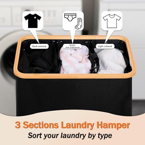 efluky Laundry Hamper 3 Section with lid and 3 Removable Bags, Black - Image 4