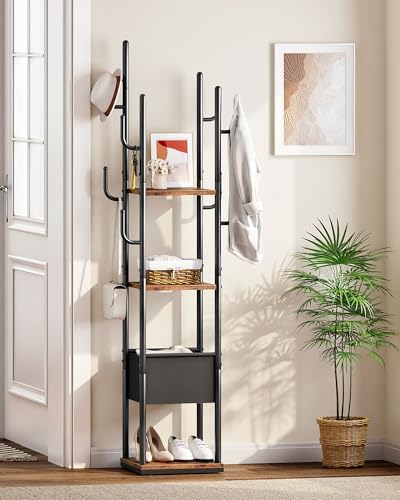 CHOEZON Coat Rack Freestanding, Coat Rack with 3 Shelves, 8 Hooks and 1 Fabric Pouch, Square Coat Hanger Stand, Metal Clothes Tree for Living Room, Bedroom, Entryway, Rustic Brown and Black TYM03BF by Choezon