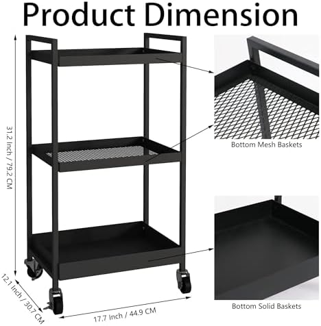 3-Tier Metal Utility Rolling Cart, Heavy Duty Multifunction Rectangular Cart with Lockable Casters, Easy to Assemble, Suitable for Office, Bathroom, Kitchen - Black - Image 3