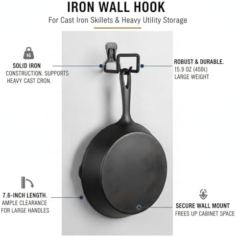 Heavy Duty Iron Wall Hook for Cast Iron Skillets, 7.6-Inch Utility Hanger for Garage and Kitchen Storage - Image 5