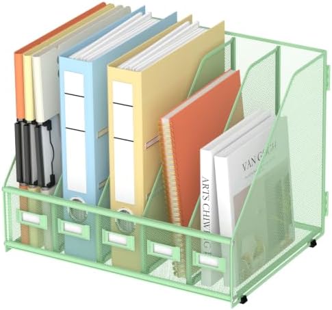 SUPEASY Desk Organizers Metal Desk Magazine File Holder with 5 Vertical Compartments Rack File Organizer for Office Desktop, Classroom, Home Workspace, Green, Plus by SUPEASY