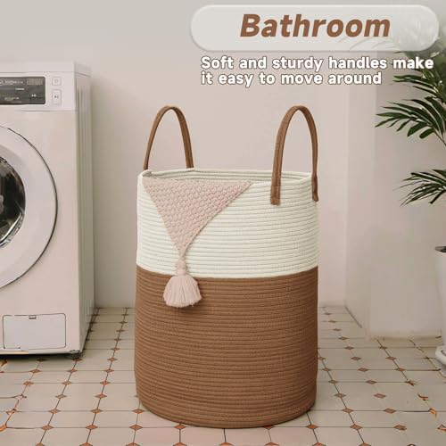 JMvicyroam 60L Cotton Rope Laundry Basket Hamper, White and Brown - Image 5