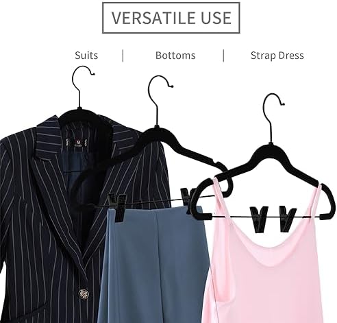 MIZGI Premium All Black Velvet Pants Hangers with Adjustable Clips (Pack of 20) Slim Skirt Hangers- Non Slip Felt Outfit Dress Hangers- Black Hooks,Space Saving Shirt Clothes Hangers - Image 3