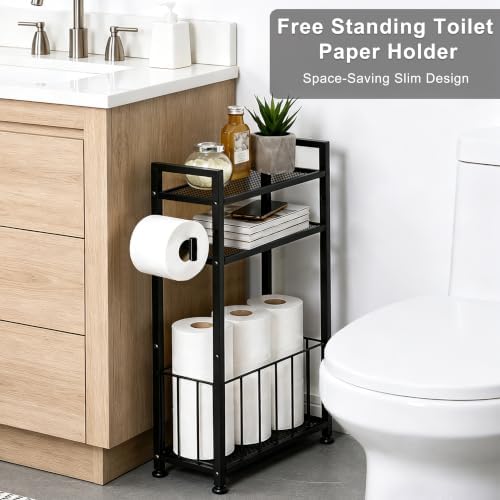 Black Freestanding Toilet Paper Holder Stand with Shelf and Roll Storage - Image 4