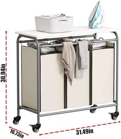 3 Bags Laundry Basket Sorter, Beige 135L Laundry Hamper, Ironing Board - Image 6