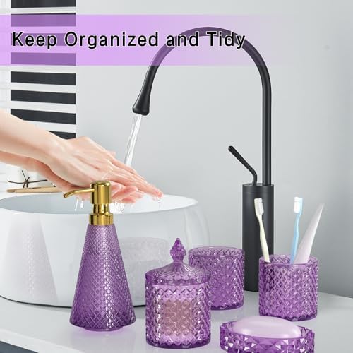 Purple Glass Bathroom Accessories Set 5 Pcs, Purple Bathroom Set, Soap Dispenser and Toothbrush Holder Set, Qtip Holder Set, Vintage Bathroom Sink Set, Cute Bathroom Decor - Image 4
