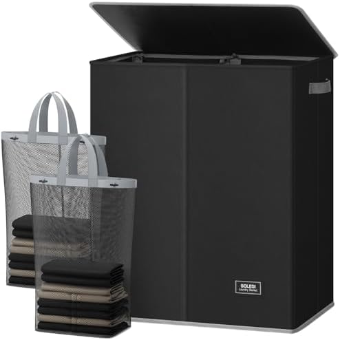 SOLEDI Double Laundry Hamper with Lid and Removable Laundry Bags,Divided Laundry Bin - Large Clothes Hamper 2 Section - Collapsible Laundry Baskets for Bedroom, Bathroom, Laundry Room,Black by SOLEDI
