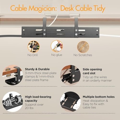 No Drill Under Desk Cable Management Tray, 17”-30” Retractable Cord Organizer for Table, Clamp Mount Wire Basket, Power Strip Holder & Metal Cord Organizer for Office, Home，Black - Image 3