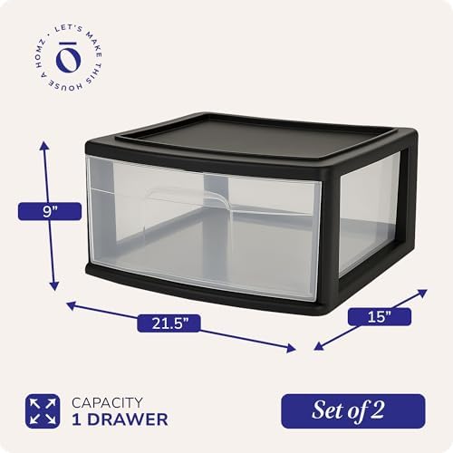 HOMZ Drawer Storage Cart, Wide Plastic Container, Black Frame, 2-Pack - Image 2
