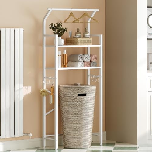 YATINEY 2-Tier Over The Toilet Storage, Multifunctional Vertical Over Toilet Bathroom Organizer, Freestanding Bathroom Storage Shelves with Hooks, Bathroom Organizer, Rustic Brown and Black TR01WT - Image 5