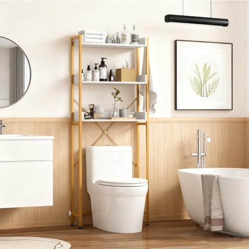 GIANTEX Over The Toilet Storage Shelf, 3-Tier Freestanding Space Saver Above Toilet with 4 Hooks, Adjustable Bottom Bar, Over Toilet Bathroom Organizer for Restroom, Laundry, Easy Assembly by Giantex