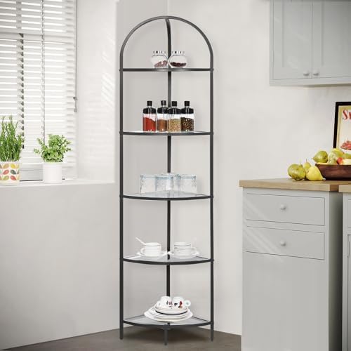 Homhedy 5-Tier Glass Corner Shelf Stand, Metal Corner Bookshelf - Image 4