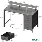Huuger 47 Inch Computer Desk with Power Outlets and LED Lights, Gaming Desk with 4 Drawers, Office Desk with Monitor Stand, Study Desk Work Desk for Home Office, Small Spaces, Gray - Image 2