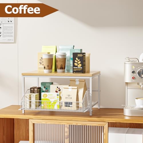 KLM Pull Out Spice Rack Organizer for Cabinet,Rustic Wood Top with Wire Basket Storage,Kitchen Countertop Organizer and Storage for Pantry, Counter top,Coffee Station Wood. (Natural) - Image 7