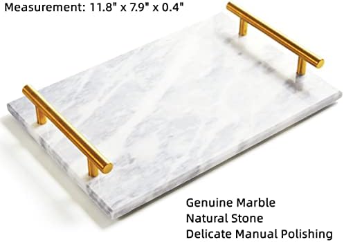 Genuine Marble Tray Bathroom Tray with Golden Handle, Natural Stone Decorative Tray with Metal Handle for Bathroom Kitchen Vanity Dresser Nightstand Desk, 11.8" x 7.9" Gray Color - Image 3