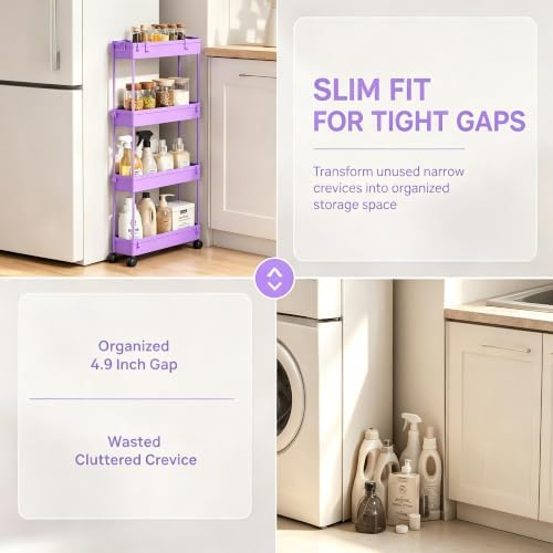 SPACELEAD Slim Storage Cart 3 Tier,Bathroom Organizer Rolling Utility,Mobile Shelving Unit Slide Out for Office, Kitchen, Laundry Room & Narrow Places,Purple - Image 2