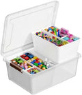 MACOPRO 17QT Craft Storage Box with 2 Removable Caddy Trays, Clear Stackable Plastic Organizer with Lid for Art Supplies, Beads, Sewing Tools, Pens & Kids Toys (White, 1Pack-2-in-1) by MACOPRO