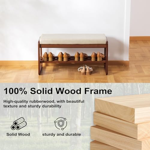 SOBIBO Solid Wood Shoe Bench, 2-Tier Wooden Entryway Bench, Modern Shoe Rack with Faux Leather Cushion for Hallway, Living Room (Gray, 31.5'') - Image 5