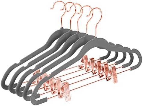 MIZGI Premium Velvet Pants Hangers with Clips (Pack of 20) Slim Skirt Hangers- Non Slip Felt Outfit Dress Hangers Gray - Copper/Rose Gold Hooks,Space Saving Shirt Clothes Hangers by MIZGI