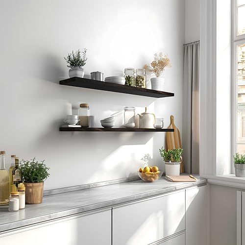 YYWUOJJ Wood Floating Shelves for Wall Decor, Rustic Wall Shelves for Bedroom Bathroom Kitchen Living Room, Set of 4 Walnut 48 Inch - Image 3