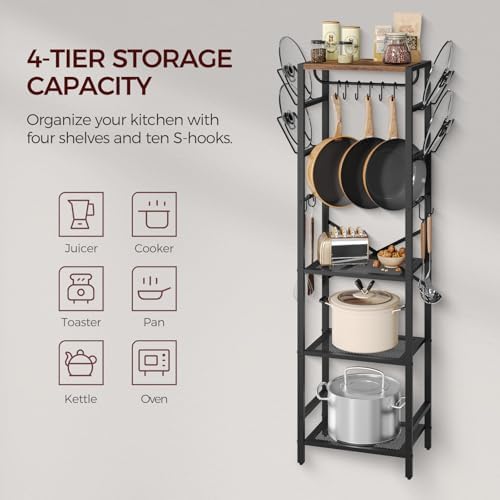 MAHANCRIS 4-Tier Pot Rack, Pots and Pans Organizer for Kitchen Corner, Kitchen Storage Rack with U-Shaped Lid Holders, Freestanding Cookware Stand, Rustic Brown and Black POHR3001 - Image 5