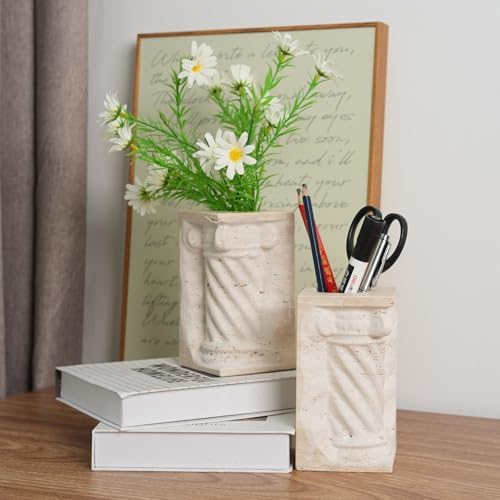 Roman Column Book Ends Decorative, 4-in-1 Heavy Duty Marble Bookend for Shelves, Unique Pen Holder & Mini Flower Vase, Classic Greek Statue for Office Home Desk Decor (2PC, Beige) - Image 7