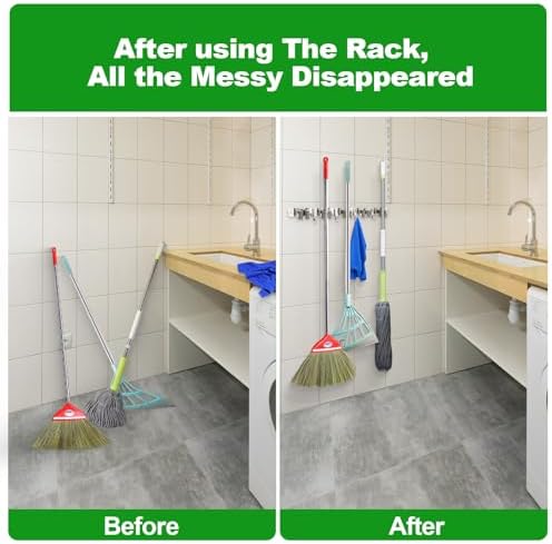 voze [2 Pack] 5 Racks and 4 Hooks Mop and Broom Holder Wall Mount, Self Adhesive Heavy Duty Broom Organizer Storage Tool Racks for Kitchen Garden Laundry Garage, 304 Stainless Steel, Silver - Image 4