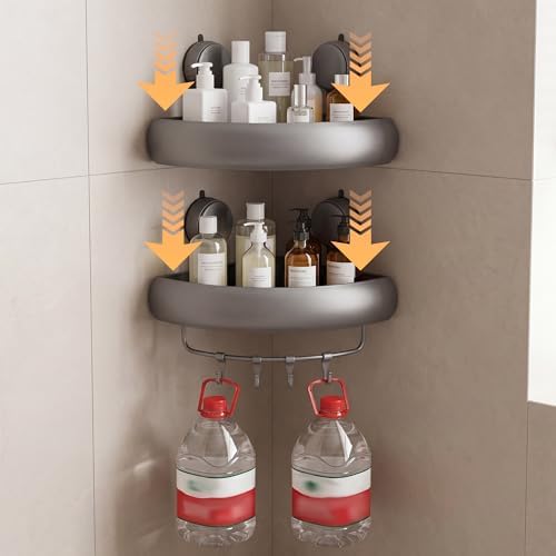 Shower Caddy Suction Cup（2-Pack Gray）, No-Drilling Corner Bathroom Organizer,Rust Proof Shower Shelf for Inside Shower with Removable Hooks & Towel Bar - Image 5