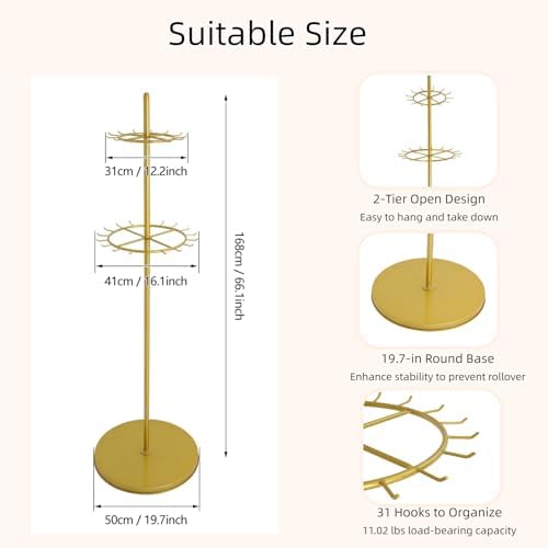 66 Inch Tall Tie Rack Belt Display Shelf, Floor Standing Belt Hanger 2 Tier Retail Scarf Stand Jewelry Necklaces Organizer Shawls Purse Shelf for Clothing Store Home (Gold) - Image 4