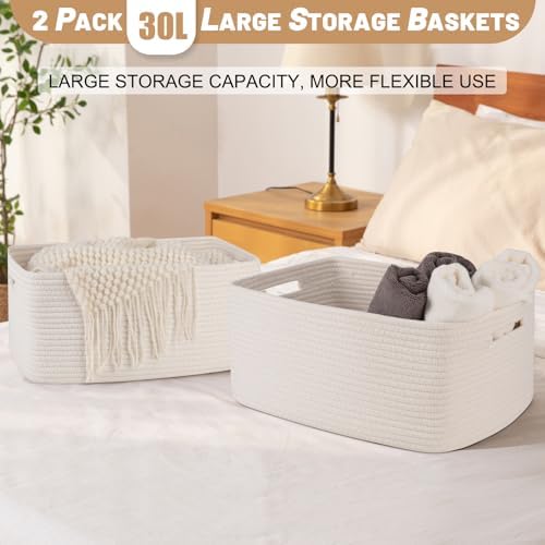 OIASKET Large Storage Basket for Organizing, Woven Rope Basket for Shelves, Closet Organizer Bins for Clothes, Blanket, Toys, Baby Nursery Storage, 17.7" x 13" x 7.87", 2 Packs White - Image 5