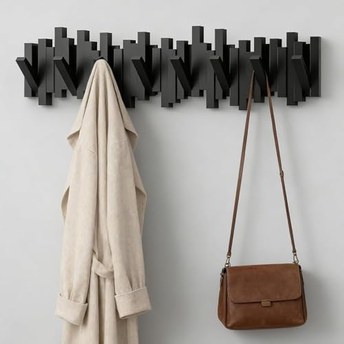 Key Holder Wall Mount, Splicable Wooden Piano Coat Rack Wall Mount, Modern Wall Art Flip Down Magnetic Hooks Wall Hook Hat Hanger for Entryway Key Holder Bedroom Kitchen (Black, 8 Hooks) by KRSIDUN