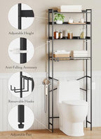 Quikraen 4 Tier Over The Toilet Storage Shelf with 3 Adjustable Shelves, Space Saver Bathroom Organizer with 4 Hooks, Freestanding Above Toilet Rack for Restroom Laundry (Black) - Image 3