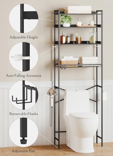 Quikraen 4 Tier Over The Toilet Storage Shelf with 3 Adjustable Shelves, Space Saver Bathroom Organizer with 4 Hooks, Freestanding Above Toilet Rack for Restroom Laundry (Black) - Image 3