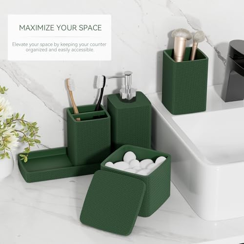 Dark Green Bathroom Accessories Set 5 Pieces, Resin Toothbrush Holders Set Complete with Soap Dispenser, Toothbrush Holder, Vanity Tray, Bathroom Tumbler and Qtip Holder for Small Spaces - Image 2