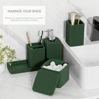 Dark Green Bathroom Accessories Set 5 Pieces, Resin Toothbrush Holders Set Complete with Soap Dispenser, Toothbrush Holder, Vanity Tray, Bathroom Tumbler and Qtip Holder for Small Spaces - Image 2