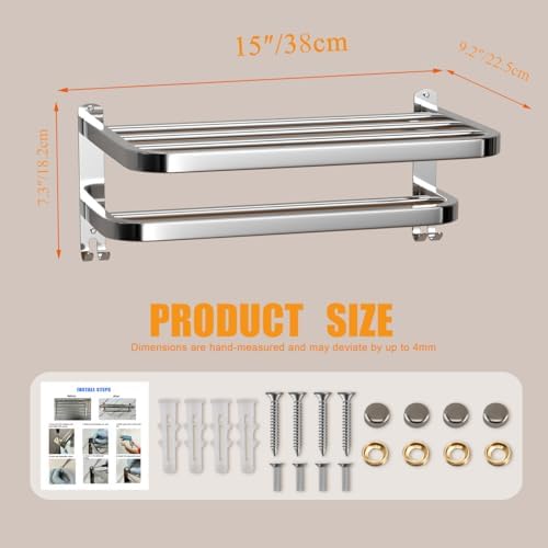 15 Inch Bathroom Towel Rack Towel Shelf with Double Towel Bars Lavatory Wall Mount Holder with Hooks Stainless Steel Hotel Bath Rack - Image 2