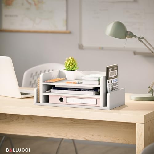 Ballucci 3-Tier Desk Organizer with 2 Side Mail Sorter Slots, Wood Letter Tray, Open Top Paper Organizer, Desktop File Organizer, White - Image 5