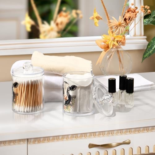 Fustylead 4 Pack Watercolor Hand Draw Cow and Flower Qtip Holder Dispensers for Cotton Swab, Ball, Round Pads, Floss, Plastic Apothecary Jar Set for Bathroom Canister Storage - Image 6