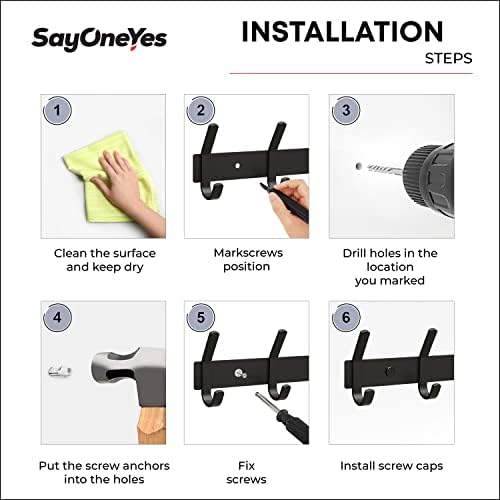 Coat Rack Wall Mount – 24 Inch Stainless Steel Hook Rail with 8 Double Coat Hooks for Hanging – Wall Mounted Entryway Organizer for Coats, Hats, Bags, Towels, Robes, Bedroom or Bathroom - Black - Image 6