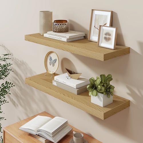 36 Inch Long Floating Shelves for Wall, 9.3 Inch Deep Floating Shelf with Heavy-Duty Bracket, 2 Pack Long Shelves for Bathroom, Living Room, Bedroom, Wall Mounted Storage Shelf for Books Decor, Oak - Image 2