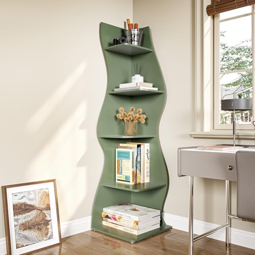 LITTLE TREE Small Corner Shelf, Modern 5-Tier Wall Corner Bookshelf, Stylish Bookcase Storage Rack for Small Space, Living Room, Bedroom, Green, 2 Pack - Image 2