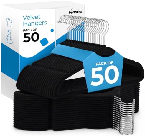 Beddora Velvet Hangers 50-Pack,Black Non-Slip Slim Space-Saving Closet Organizer, Suit & Coat Hangers, Heavy-Duty, 360° Swivel Hook by BeddoraInc
