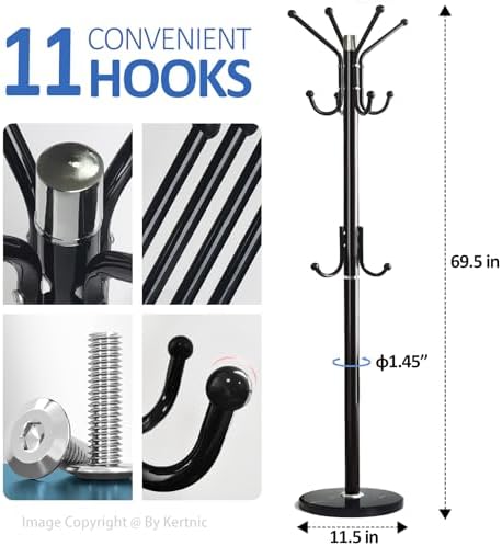Kertnic Modern Coat Rack Freestanding with Natural Marble Base & Sturdy Metal Frame, 11 Hooks Hall Tree for Jackets, Hats, Bags, Entryway Organizer for Bedroom, Living Room, Closet (11 hooks-Black) - Image 3