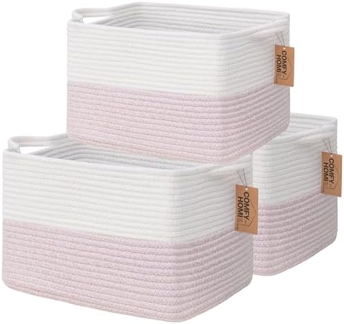 COMFY-HOMI 3PACK Cotton Rope Square baske with Handles for Shelves|Dog Toy baske Bin and Storage|Baby baske for Gift|Shoe baske for Organizing|13.5" x 11" x 9.5" for Living Room（White/Pink） by COMFY-HOMI