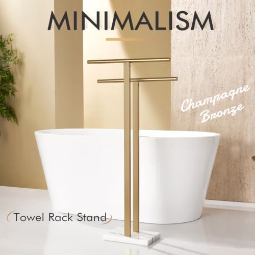 KOKOSIRI Standing Towel Rack for Bathroom Floor 2-Tier Towel Holder Free Stand with Heavy Marble Base Thicken Steady Champagne Bronze Stainless Steel THS0005-CPG - Image 3