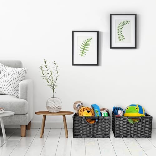 Seville Classics Premium Handwoven Portable Laundry Bin Basket with Carrying Handles, Household Storage for Clothes, Linens, Sheets, Black, Rectangular (2-Pack) - Image 2