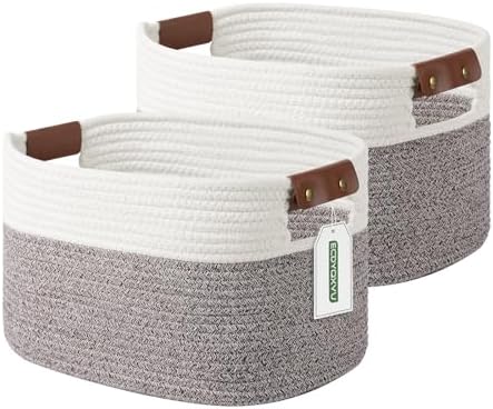 ECDYQXVU 15x10x9 Woven Cotton Rope Storage Basket, Leather Handles 2 Pack by ECDYQXVU