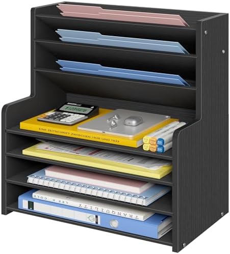 7 Tier Black Desk Organizer with File Holder, Wood Desktop Paper Organizer for Office Organization, Vertical Document Sorter and Letter Tray for Desk, School Storage Orgnizer Shlef by Unknown