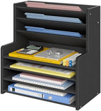 7 Tier Black Desk Organizer with File Holder, Wood Desktop Paper Organizer for Office Organization, Vertical Document Sorter and Letter Tray for Desk, School Storage Orgnizer Shlef by Unknown